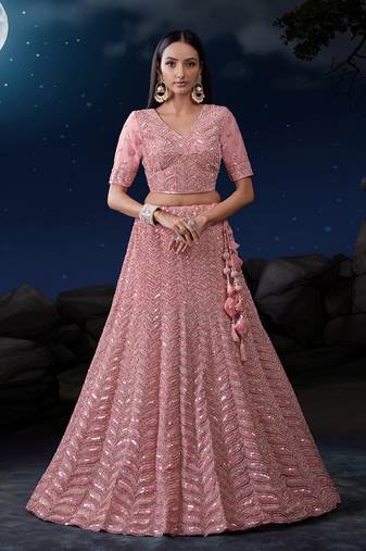 Fusionic pink embroidered net lehenga-choli with blouse