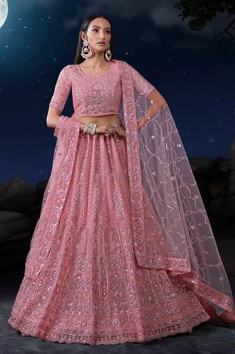 Fusionic pink embroidered net lehenga-choli with blouse