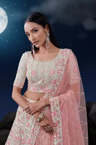 Fusionic off-white embroidered net lehenga-choli with blouse