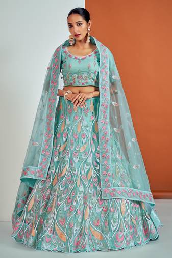 Fusionic turquoise embroidered net lehenga-choli with blouse