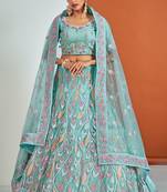 Fusionic turquoise embroidered net lehenga-choli with blouse