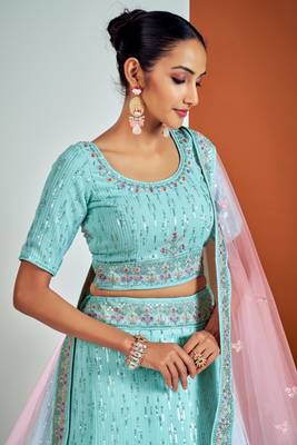 Fusionic turquoise embroidered georgette lehenga-choli with blouse 4