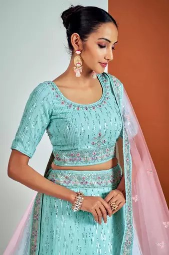 Fusionic turquoise embroidered georgette lehenga-choli with blouse