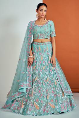 Fusionic turquoise embroidered net lehenga-choli with blouse 3