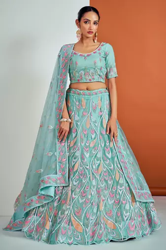 Fusionic turquoise embroidered net lehenga-choli with blouse