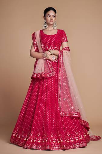 Fusionic red embroidered georgette lehenga-choli with blouse