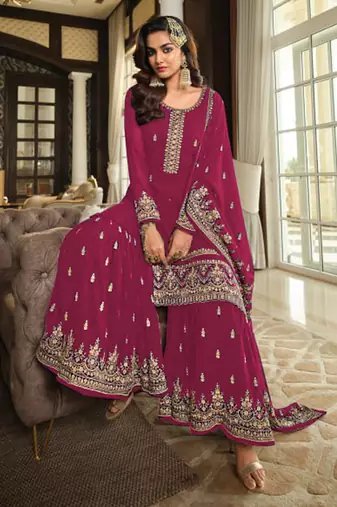 Pink georgette embroidery designer Palazzo suit