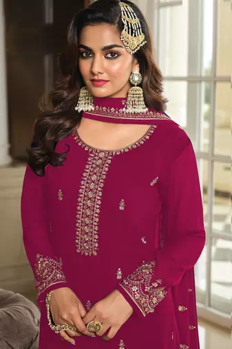 Pink georgette embroidery designer Palazzo suit