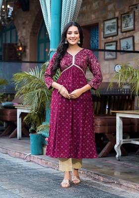 Beautiful girlish wine colour rayon kurti with designer foil print for partywear 1