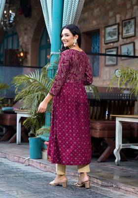 Beautiful girlish wine colour rayon kurti with designer foil print for partywear 2