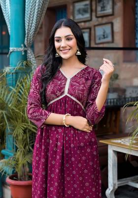 Beautiful girlish wine colour rayon kurti with designer foil print for partywear 3
