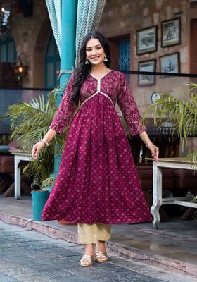 Beautiful girlish wine colour rayon kurti with designer foil print for partywear 4