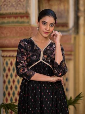 Beautiful girlish black colour rayon kurti with designer foil print for partywear 3