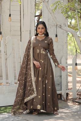 Beige colour glamorous heavy looks sequins work vichitra shimmer fabric wedding wear evening gown with dupatta 1