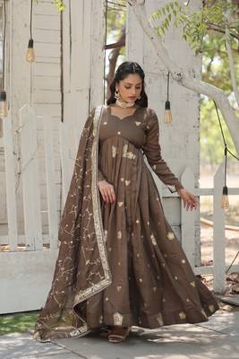 Beige colour glamorous heavy looks sequins work vichitra shimmer fabric wedding wear evening gown with dupatta 2