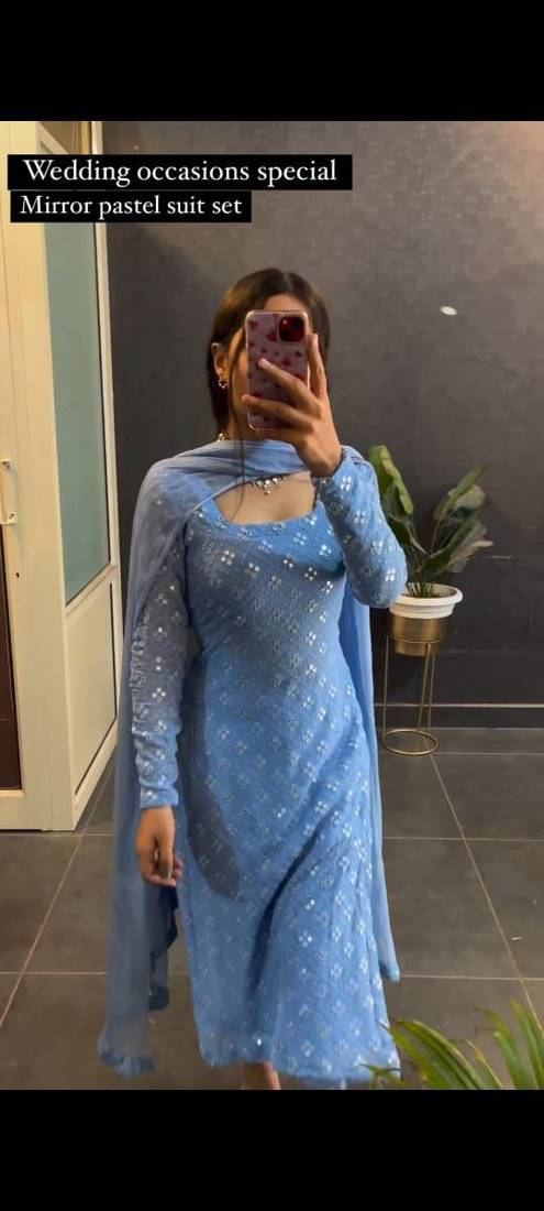 women's straight mirror work kurta sets