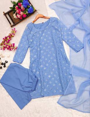 women's straight mirror work kurta sets 4