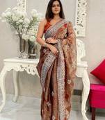 Orange Abrstract Print Saree With Resham Work On Jimmy Choo c For Glam Bolly Party Looks