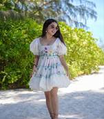 White Floral Art Design Handmade Short Dress For Women