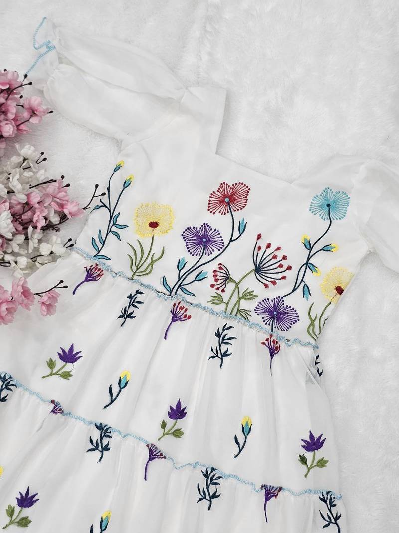 White Floral Art Design Handmade Short Dress For Women