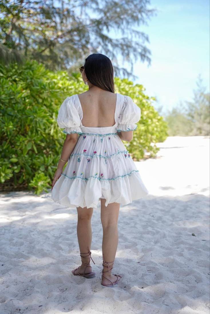 White Floral Art Design Handmade Short Dress For Women