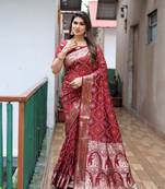 Maroon colour kanchi woven zari designer saree with traditional rajasthani bandhej print silk saree