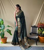 Green Soft Silk Weaving Jacquard Jari Designer Ethnic Partywear Saree