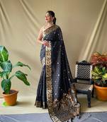 Black Soft Silk Weaving Jacquard Jari Designer Ethnic Partywear Saree
