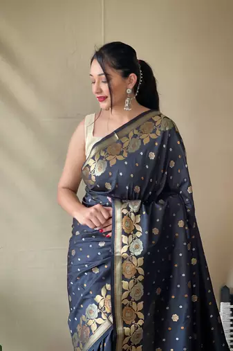 Black Soft silk blend Weaving Jacquard zari Ethnic Partywear Saree
