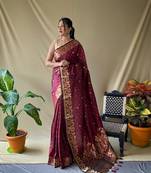 Maroon Soft Silk Weaving Jacquard Jari Designer Ethnic Partywear Saree