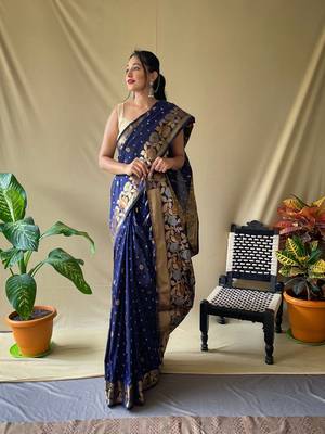 Blue Soft silk blend Weaving Jacquard zari Ethnic Partywear Saree 1