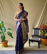 Blue Soft Silk Weaving Jacquard Jari Designer Ethnic Partywear Saree