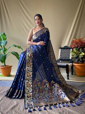 Blue Soft silk blend Weaving Jacquard zari Ethnic Partywear Saree 3