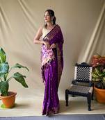 Purple Soft Silk Weaving Jacquard Jari Designer Ethnic Partywear Saree