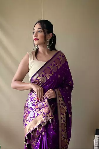 Purple Soft silk blend Weaving Jacquard zari Ethnic Partywear Saree
