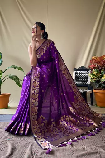 Purple Soft silk blend Weaving Jacquard zari Ethnic Partywear Saree