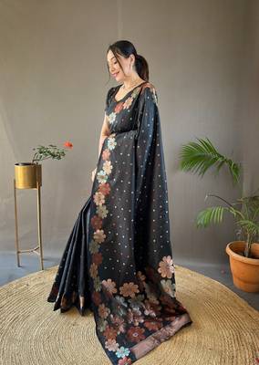 Weaving Jacquard zari Black Soft silk blend c Ethnic Ceremonial Wear Saree 3