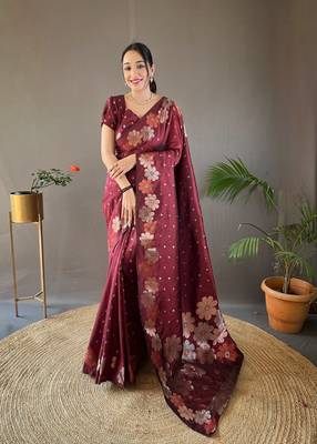 Weaving Jacquard zari Maroon Soft silk blend c Ethnic Ceremonial Wear Saree 1