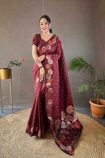Weaving Jacquard Jari Designer Maroon Soft Silk c Ethnic Ceremonial Wear Saree