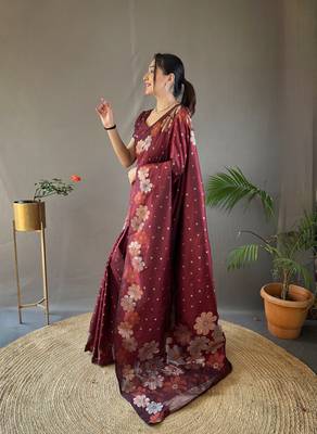 Weaving Jacquard zari Maroon Soft silk blend c Ethnic Ceremonial Wear Saree 3