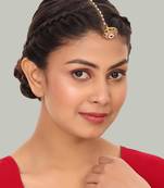 Gold-plated red & white stone-studded & beaded maang tikka(borla)