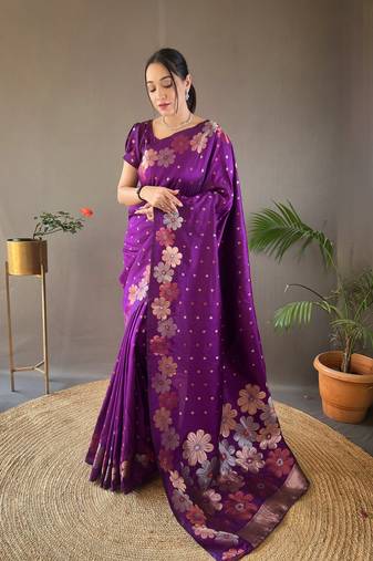 Weaving Jacquard Jari Designer Purple Soft Silk c Ethnic Ceremonial Wear Saree