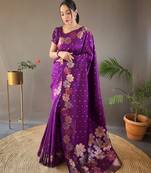 Weaving Jacquard Jari Designer Purple Soft Silk c Ethnic Ceremonial Wear Saree