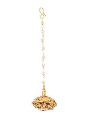 Gold-plated red & white stone-studded & beaded maang tikka(borla) 4