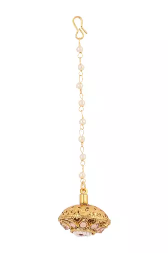 Gold-plated red & white stone-studded & beaded maang tikka(borla)
