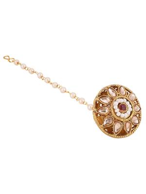 Gold-plated red & white stone-studded & beaded maang tikka(borla) 5