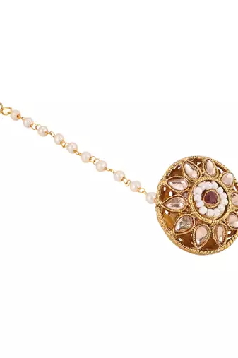 Gold-plated red & white stone-studded & beaded maang tikka(borla)