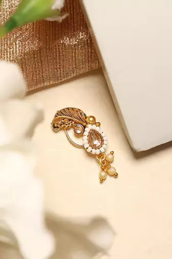 Stylish marathi style white colour pearl and stone nath