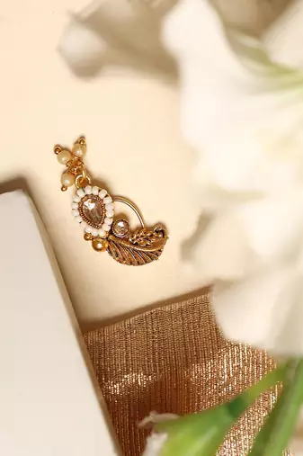 Stylish marathi style white colour pearl and stone nath