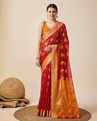 Red Zari Woven Cotton silk blend Saree Looks 1